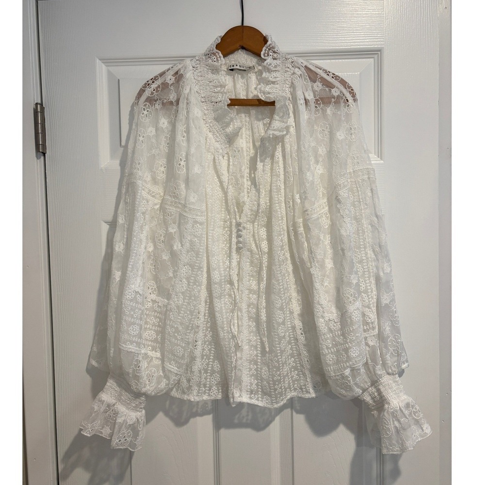 Alice + Olivia Norah White Lace Eyelet Blouse Balloon Sleeves Cottagecore Size M - Picture 2 of 9